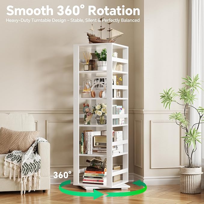 Homykic Rotating Bookshelf, Bamboo 360 Display Spinning Bookshelf Tower, 5-Tier Small Corner Bookcase for Small Spaces, Narrow Revolving Book Shelf Organizer Rack for Home Office, White