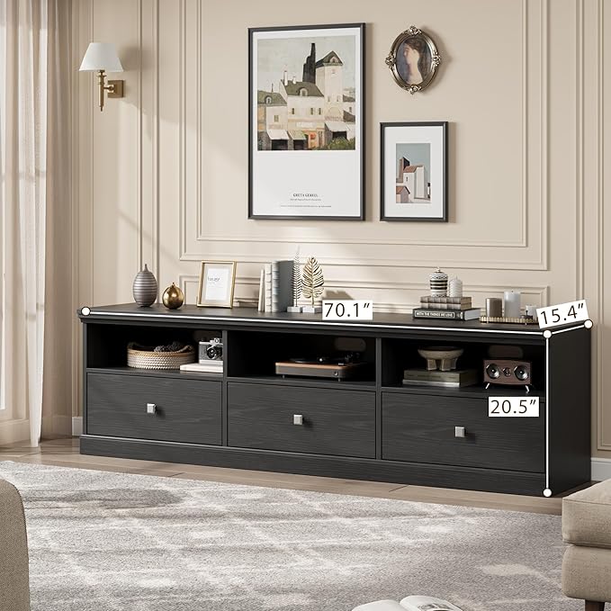 GarveeHome TV Stand for 65/70/75 Inch TV, Entertainment Center with Storage Drawer, Mid-Century Modern TV Console with Open Shelves, 70in Media TV Cabinet for Living Room, Bedroom (Black)