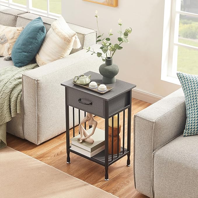 VECELO Nightstands Set of 2, Industrial Side Table/End Tables with Drawer and Storage Shelf, Night Stands for Bedroom, Living Room, Wood Metal Furniture, Easy Assembly