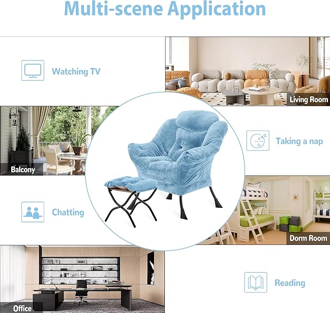 Lazy Chair with Folding Ottoman, Accent Chair Plush Upholstered with Metal Structure and Non-Slip Pads, Sofa Armchair with Footrest and Side Storage Bag for Dorm, Room, Office, Blue