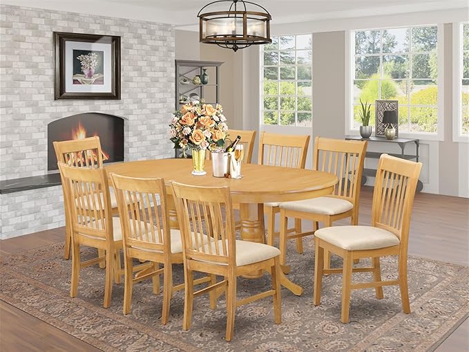 East West Furniture VANO9-OAK-C 9 Piece Dining Set Includes an Oval Dining Table with Butterfly Leaf and 8 Linen Fabric Kitchen Room Chairs, 40x76 Inch, Oak