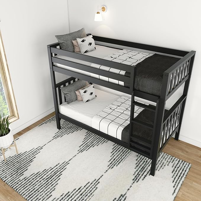 Max & Lily Bunk Bed, Scandinavian Modern Bunk Bed, Solid Wood Twin-Over-Twin Bed Frame for Kids, No Box Spring Needed, Black