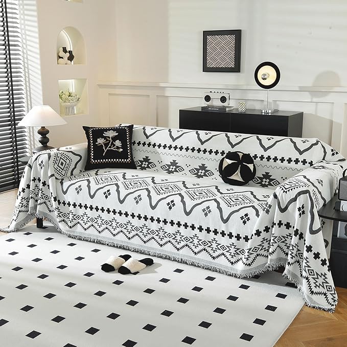 LUFEIJIASHI Boho Couch Covers for Sofa Non Slip Sofa Covers Washable Couch Covers for 3 Cushion Couch Sofa Pet Friendly Sectional Couch Cover Blanket Furniture Protector for Dogs (Black, 71"x134")