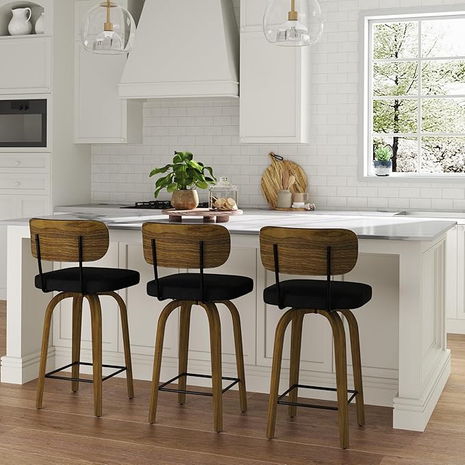 Swivel Counter Height Bar Stools with Back Set of 2, 26" Fabric Upholstered Kitchen Bar Stools with Wood Legs and Metal Footrest for Kitchen Island (Black Fabric)