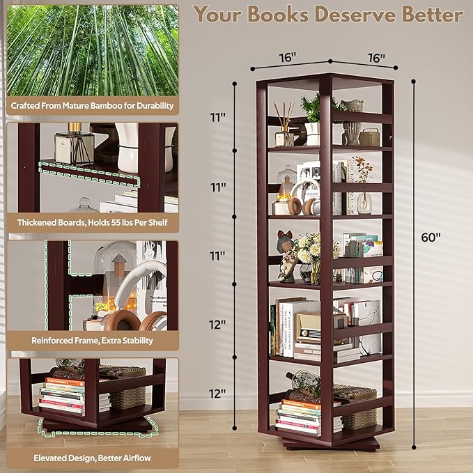 Homykic Rotating Bookshelf, Bamboo 360 Display Spinning Bookshelf Tower, 5-Tier Small Corner Bookcase for Small Spaces, Narrow Revolving Book Shelf Organizer Rack for Home Office, Espresso