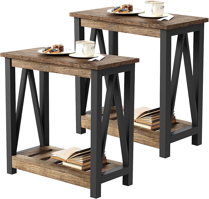 ChooChoo Farmhouse End Table Set of 2, Rustic Vintage Narrow End Side Table with Storage Shelf for Small Spaces for Living Room, Bedroom Rustic Oak & Black