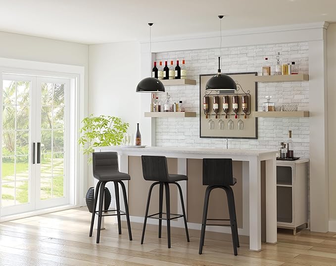 Armen Living Vienna 30" Swivel Bar Stool in Black Wood Finish with Gray Faux Leather - Set of 3