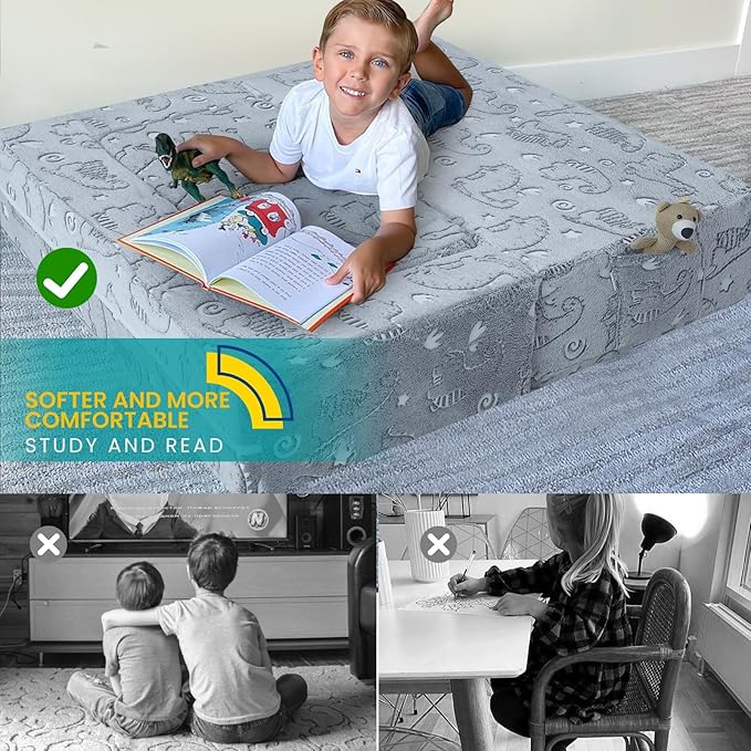 MeMoreCool Glow-in-The-Dark Dinosaur Modular Kids Play Couch — Convertible Foam Sofa for Toddlers, Multi-Configuration Climbing & Fort Building Furniture with Washable Covers, Gray