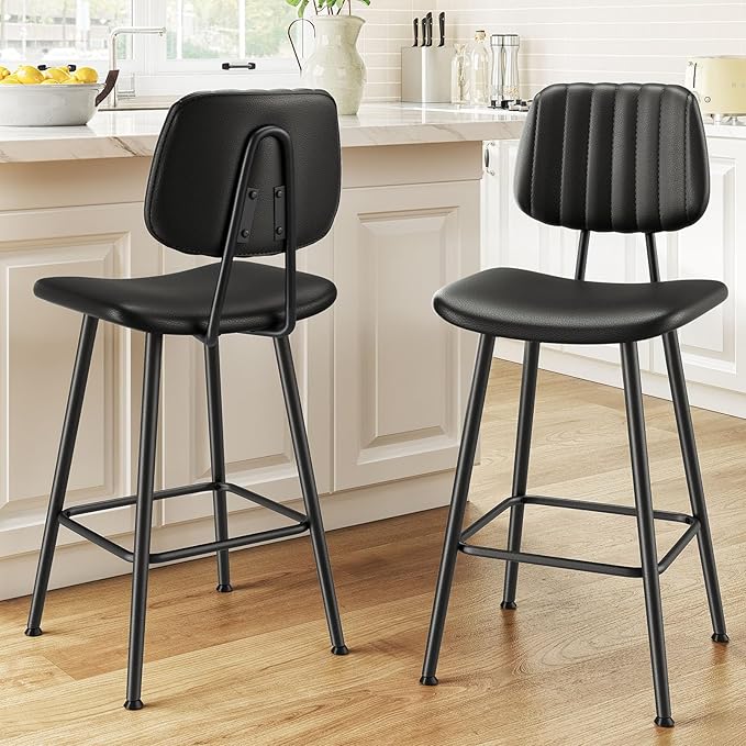 24-Inch Leather Bar Stools Set of 2, Counter Height Barstools with High Backrest，Bar Chairs for Kitchen Island with Heavy Duty Metal Legs, Black