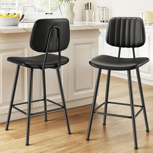 24-Inch Leather Bar Stools Set of 2, Counter Height Barstools with High Backrest，Bar Chairs for Kitchen Island with Heavy Duty Metal Legs, Black