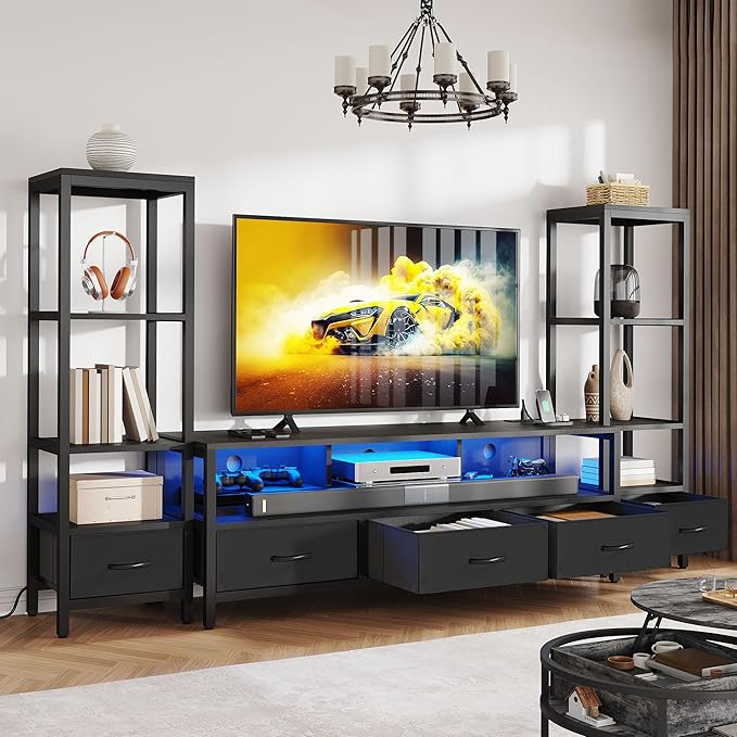 DWVO Entertainment Center with Bookshelves, LED TV Stand for 65/60 inch TV, Black TV Stand for Living Room with 2 Modern 4-Tier Bookshelves & Power Outlets, Black