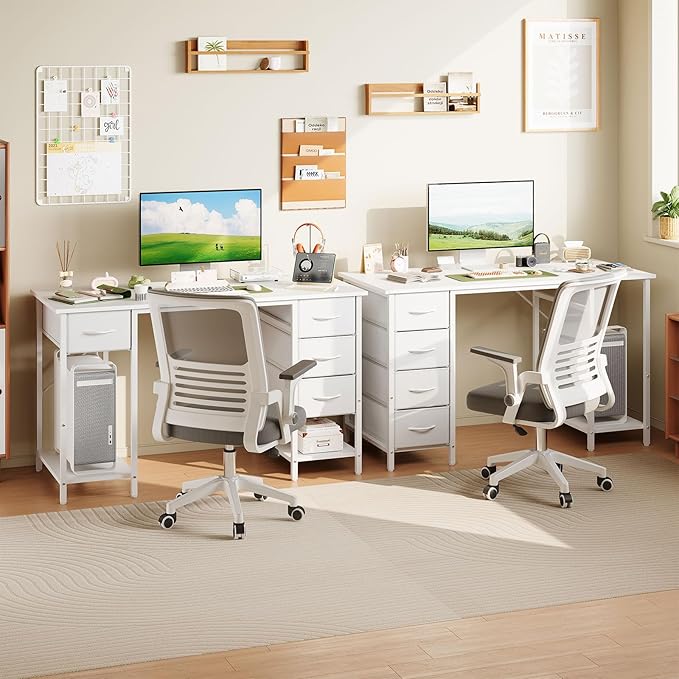 Computer Desk with 4 Drawers, 47 Inch Office Table with Storage, Gaming with CPU Shelves, Writing Desk Workstation for Home Office, Study, Bedroom, Work from Home, White