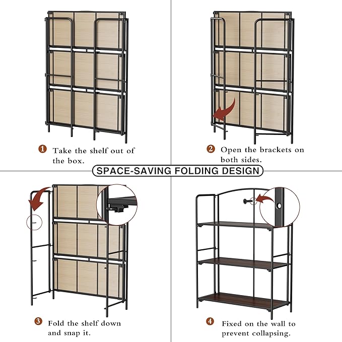 Crofy No Assembly Folding Bookshelf for Living Room, 3 Tier Black Collapsible Book Shelf for Home Office, Portable Bookcase Storage Organizer