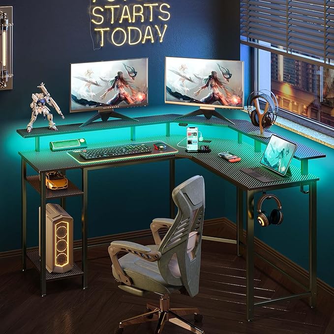 Rolanstar L Shaped Gaming Desk with LED Lights & Power Outlets, 46.2" Computer Desk with Full Monitor Stand & Storage Shelf, Corner Desk with Hooks, Carbon Fiber Desk Reversible