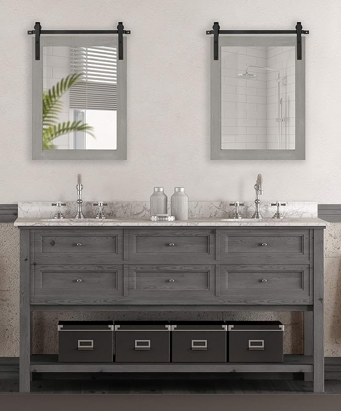 Kate and Laurel Cates Farmhouse Wood Framed Wall Mirror, 18 x 26, Gray, Barn Door-Inspired Rustic Mirrors for Wall