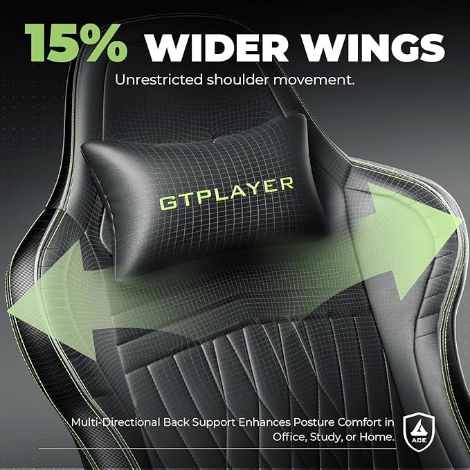 GTPLAYER ACE-PRO Music Gaming Chairs – Built-in Speakers, App Support & Bluetooth Control, Footrest & Pocket, Gamer Chair for Adults, Black & Green Stitch