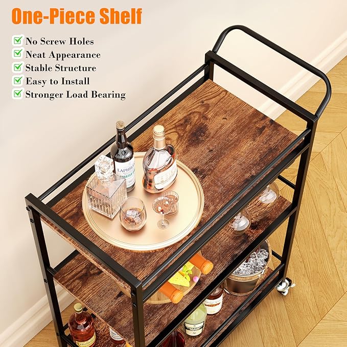 Bar Cart, Home Bar Serving Cart, 3-Tier Drink Cart with Wine Rack, Glass Holder, Wine cart with One-Piece Wood Shelves, Rolling Bar Cart for Kitchen, Dining Room, Living Room, Rustic Brown
