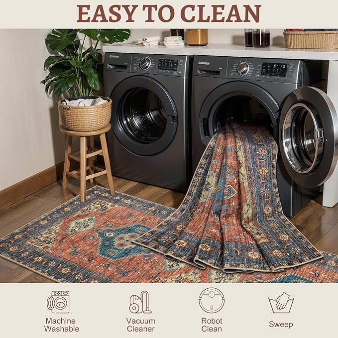 Tangsoo 2x6 Washable Runner Rug for Hallways, Non Slip Vintage Runner Rug, Soft Low Pile Long Rug Runner, Print Distressed Carpet Runners for Kitchen Bedroom Entryway Bathroom Living Room Terracotta