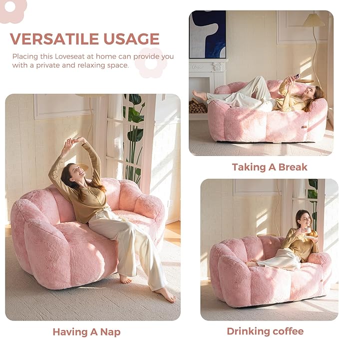 MAXYOYO Bean Bag Chair for Adults, Loveseat Floral Shaped Bean Bag Sofa, Ultra Soft Love Seat Mini Sofa Couch, Faux Fur Reading Chair for Living Room Bedroom, Pink