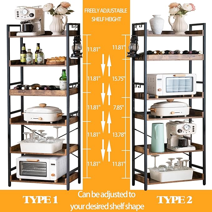HCHQHS Adjustable 6 Tier Open Bookcase, Rustic Farmhouse Book Shelves, Industrial Wood and Black Metal Bookshelves, Mid Century Bookcase for Home Office Living Room Bedroom