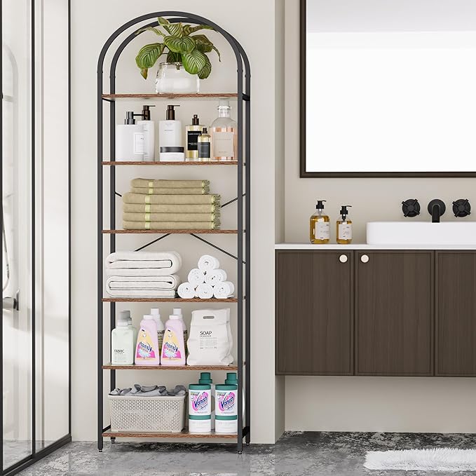 Homhedy 6-Tier Bookshelf Arched Display Racks, Wood and Metal Bookcase, Tall Bookshelf, Industrial Display Standing Shelf Unit, for Home Office, Living Room, Bedroom, Bathroom, Rustic Brown