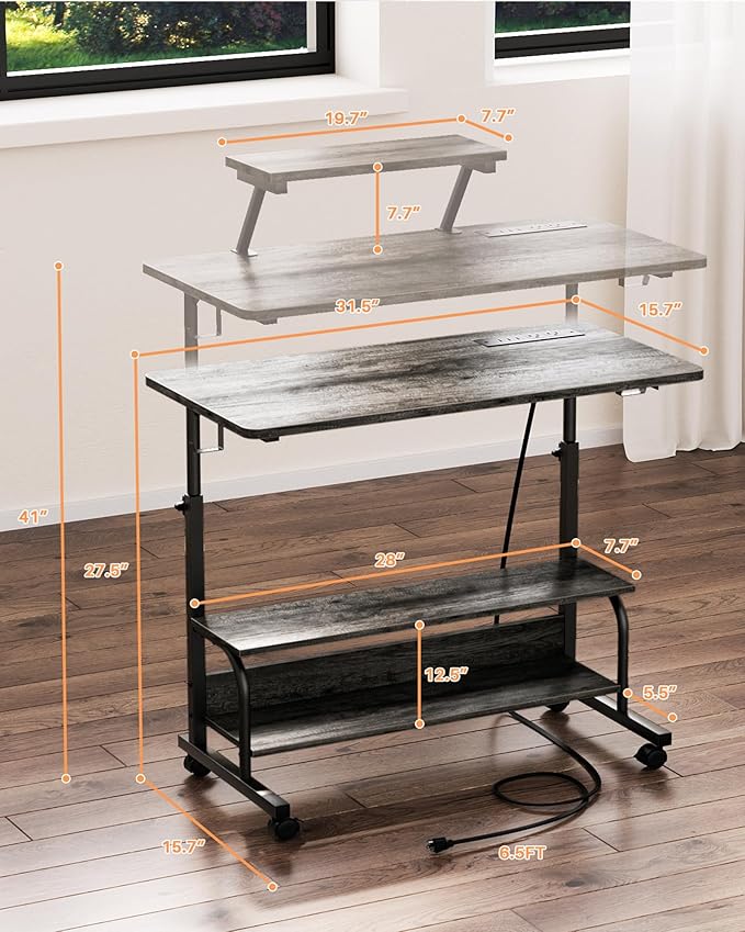Height Adjustable Standing Desk with Power Outlets and LED Lights - 32" Manual Stand Up Desk with Monitor Stand and Storage Shelves Small Mobile Rolling Computer Desk Portable Laptop Table, Grey Oak