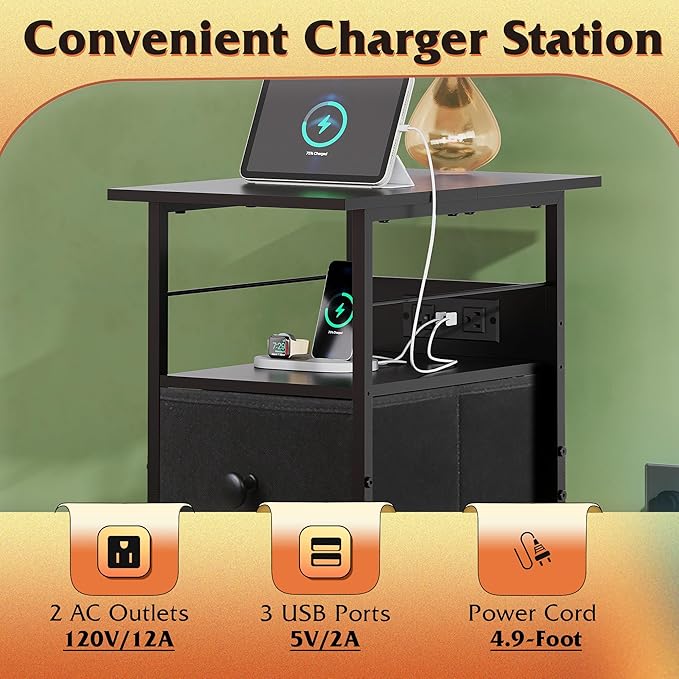 WLIVE Narrow Side Table with Charging Station, End Table with LED Light, 2 Fabric Drawers and Open Shelf, Black Bedside Tables Living Room, Small Space, Bedroom, Night Stand with Charger Station
