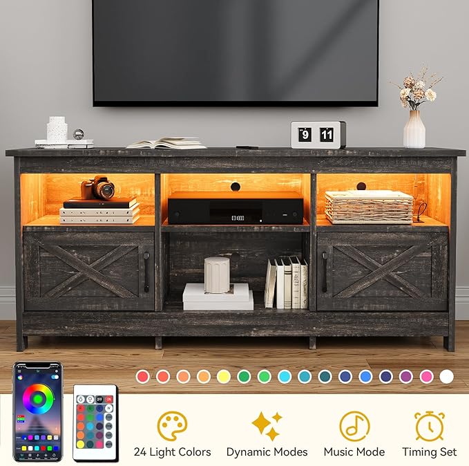 DWVO TV Stand for up to 65 Inch TV, Entertainment Center with Storage, TV Cabinet with Power Outlet & LED Light Strip, Media Console Television Stands for Living Room, Dark Rustic Oak