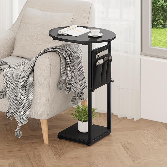Vagusicc C Shaped End Table, Adjustable Height Small Side Table for Couch and Recliner, 32" Tall Couch Side Table Slide Under Sofa Tray Desk with Storage Bag for Living Room and Bedroom, Black