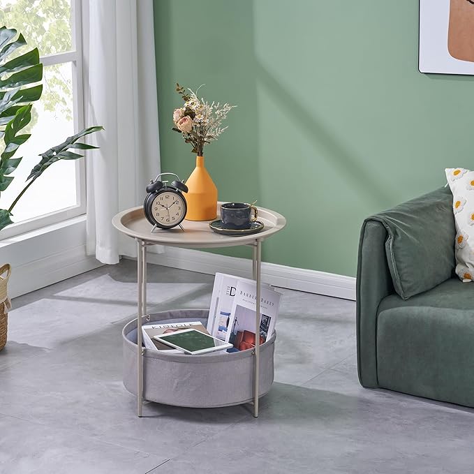 VECELO Round Side/End Table with Fabric Storage Basket，Metal Anti-Rust and Waterproof Small Bedside Nightstand with Removable Tray Top for Living Room，Balcony & Laundry，Grey /1pcs with Basket