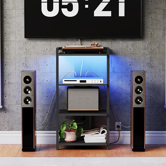 HOOBRO 4-Tier AV Media Console With Charging Station and LED Light, Wooden Stereo Cabinet, Corner TV Stand, Record Player, Entertainment Device, Black BB38UDCJ01