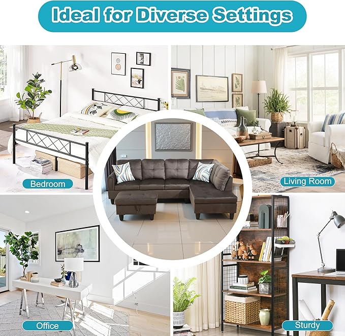 Couches for Living Room Modern L Shaped Couch Comfy Flannel Fabric 3 Pieces Sectional Sofa with Chaise, Ottoman with Storage for Office and Small Apartment, Dark Brown