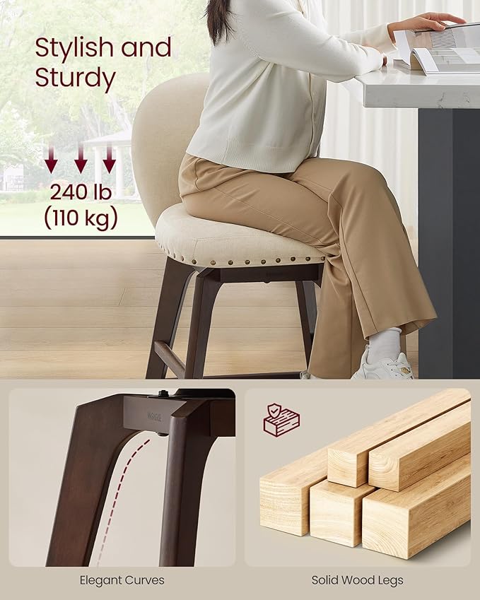 VASAGLE Bar Stools Set of 4, Swivel Counter Height Bar Stools with Back and Wood Legs, Chenille Fabric Upholstered Barstools, 26.2-Inch Tall Counter Barstools for Kitchen Island, Cappuccino Beige