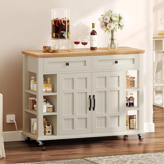 DWVO Kitchen Island with Storage Cabinet, Farmhouse Rolling Island Table on Wheels, Americana Mobile Storage Islands with Open Shelves, Drawers for Living Room, Dining Room, Off White