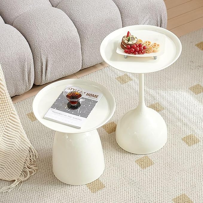 Side Table Set of 2, Small Coffee Round Bedroom End Table, Patio Metal Nesting Tables Pedestal Tables, Bedside Console Table for Living Room (White)