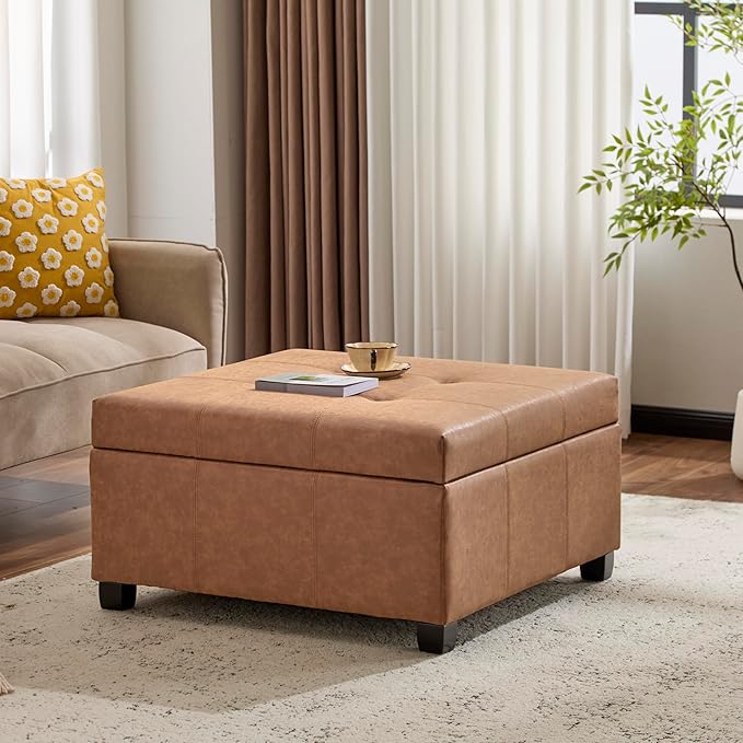 Christopher Knight Home Lorel Faux Leather Square Storage Ottoman Coffee Table, Wooden Ottoman with Storage, Entryway Modern Ottoman Foot Stool, Toy Box Storage for Living Room, Brown