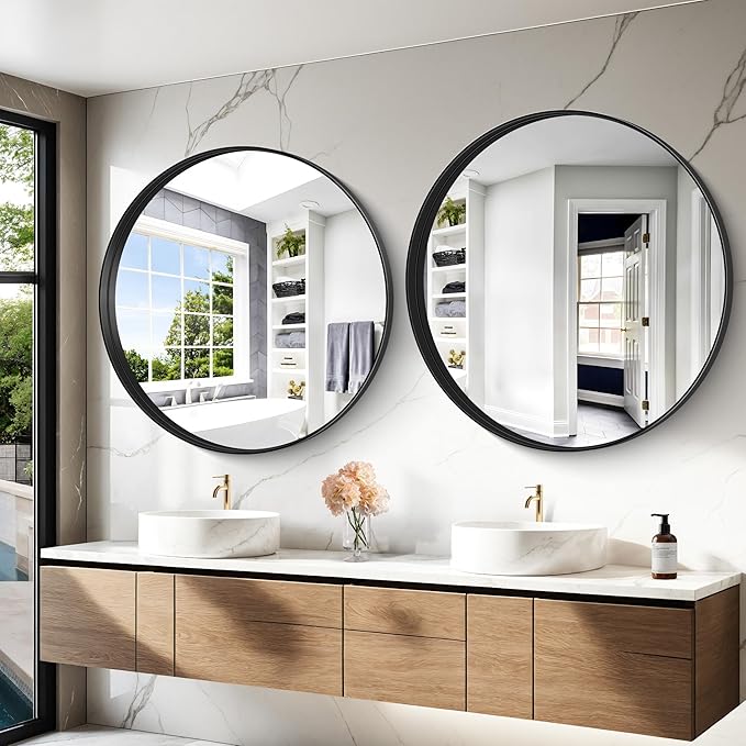 Black Round Mirror 42 inch Deep Frame Circle Mirror, Metal Frame Round Bathroom Mirror, Circle Mirrors for Wall Entryway Washroom Bedroom Living Room Hallway