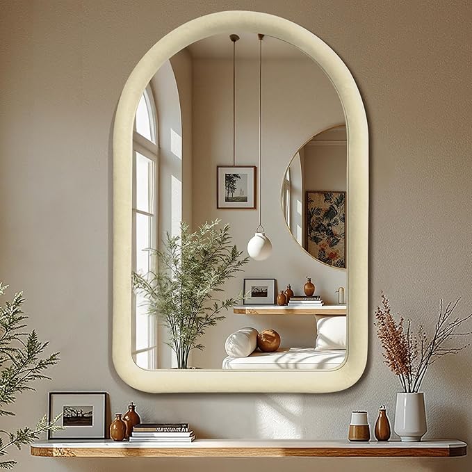 36"x24" Arched Bathroom Mirror, Wall Mounted Vanity Velvet Frame Mirror for Bedroom, Entryway, Living Room, Cream White