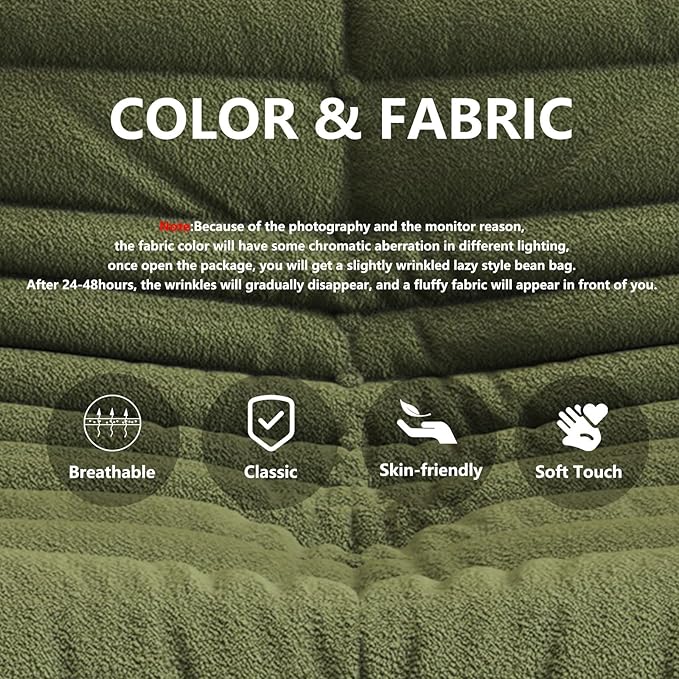 Bean Bag Chairs for Adults, BeanBag Reading Chair Memory Foam Couch 3-Seater, Floor Chair Soft Teddy Material, Comfy Reading Nook Chairs for Bedroom Living Room Office (Green)