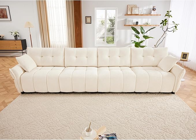 Modern Chenille Fabric 4-Seat Sofa w/ 2 Pillows, Premium Upholstery Living Room Couch with Tufted Backrest & Comfortable Armrests and High-Resilience Memory Foam Cushions,White