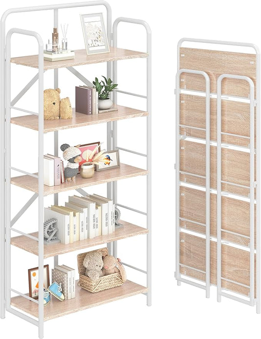 4NM No Assembly Folding Bookshelf 5 Tiers Vintage Industrial White Book Shelf Metal Foldable Storage Bookcase and Bookshelves for Living Room,Bedroom and Kitchen - Natural