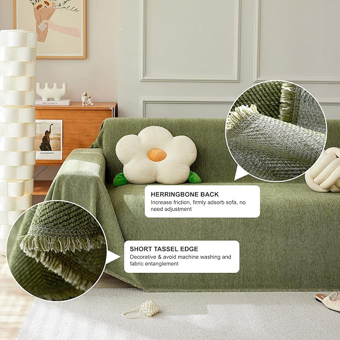 STACYPIK Soft Matcha Green Sectional Couch Covers Minimalist Sofa Throw Cover Herringbone Couch Protector for 2 Cushion Couch L Shape Sofa Cover Futon Cover Decorative for Couch-71X118IN
