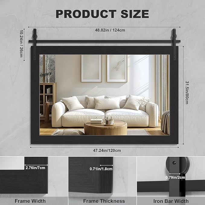 Hasipu Farmhouse Bathroom Mirror, 48"x32" Rustic Wood Framed Wall Mounted Mirror, Black Vintage Vanity Mirror Barn Door Style Decrative Mirrors