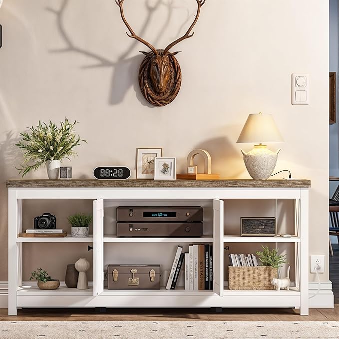YITAHOME TV Stands for Living Room, Modern Entertainment Center with Power Outlets for Television up to 65 Inch, Farmhouse Media Console TV Cabinet with Adjustable Shelf & Open Shelves, White