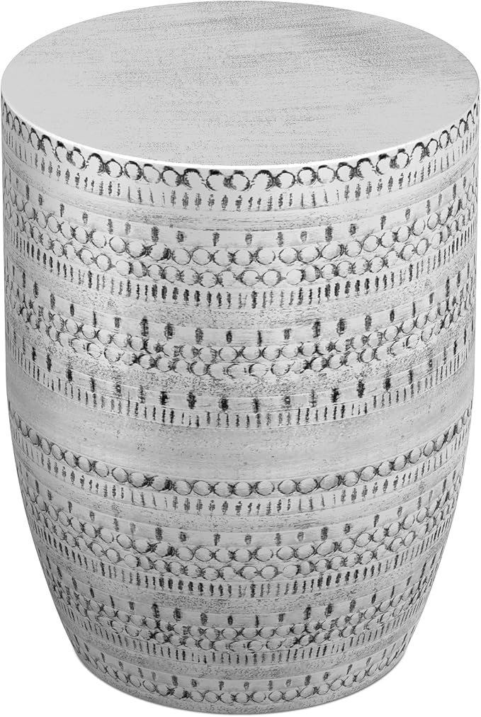 SIMPLIHOME Johnsen Metal Table - 15 inch Wide Solid Iron Drum Accent Table in Antique Silver with Tribal Pattern, Round Boho End Table for Living Room, Bedroom, or Home Office, Fully Assembled