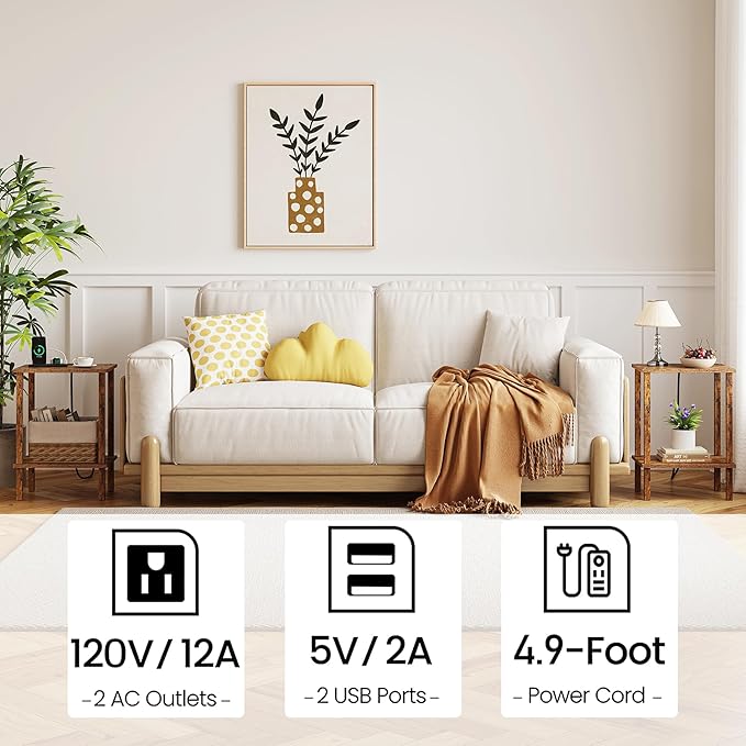 TUTOTAK End Table with Charging Station, Set of 2, Small Side Table with Outlets, Nightstand Bedside Table, 2-Tier Storage Shelf for Small Space, Living Room, Bedroom Brown TB01BB041C