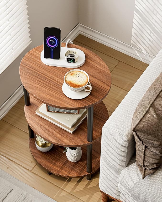 Small Round Side Table - 3-Tier Oval Accent Table for Small Spaces, Rustic Wood and Metal Nightstand for Living Room or Bedroom, with Built-in USB Ports and Power Outlet, Rustic Walnut