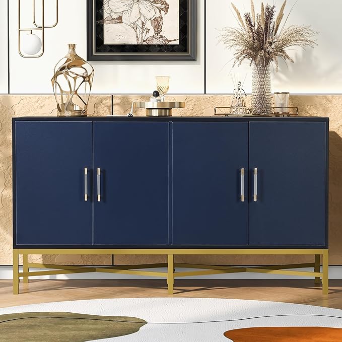 Merax Sideboard Buffet Cabinet with Storage, 4 Door Modern Cupboard w/Cross-Leg Design, Console Table for Kitchen, Dining/Living Room, Blue