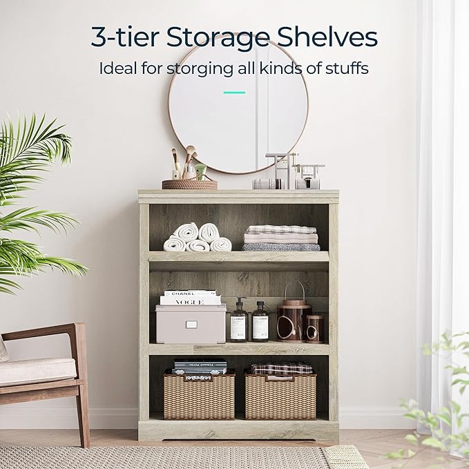 LINSY HOME 3-Tier Bookcase and Bookshelf, Small Wood Display Storage Shelves Farmhouse Bookshelf for Home Office, Living Room, Bed Room - Washed Grey