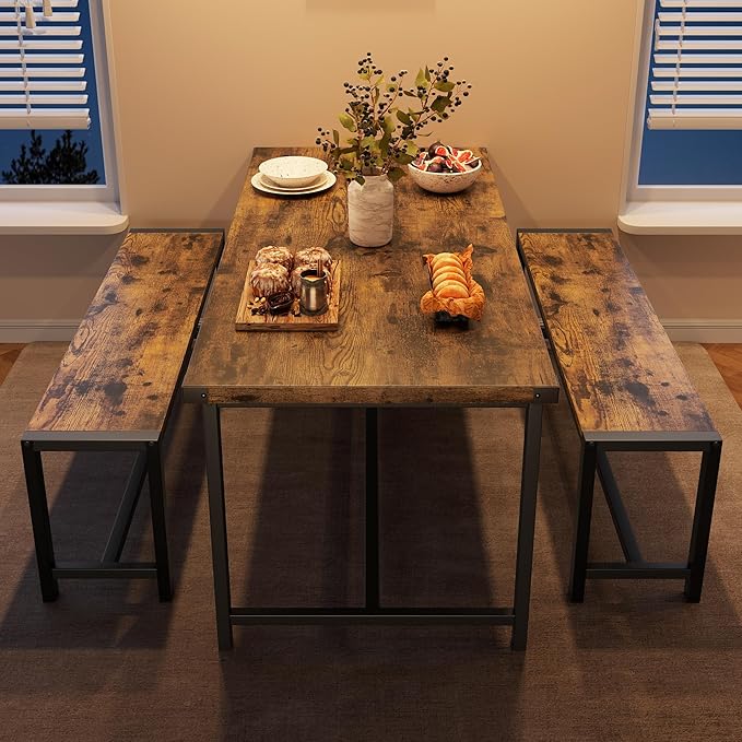 Dining Table Set for 4 with 2 Benches, 3-Piece Kitchen Table Set, Space-Saving Dining Set for Kitchen, Dining Room, Brown